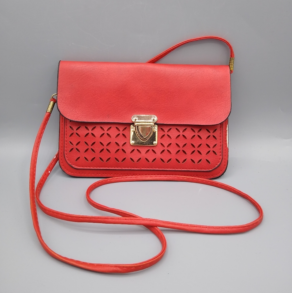 Handmade Red faux Leather Laser Cut Three Compartment Slim Crossbody Bag…